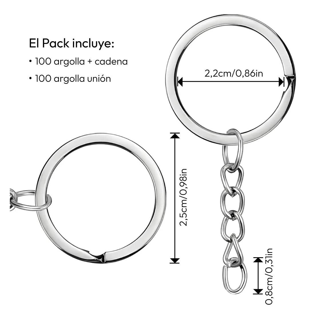 100 Argollas Para Llavero 24mm Con Cadena + Argolla Unión - Lhua Store