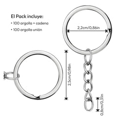 100 Argollas Para Llavero 24mm Con Cadena + Argolla Unión - Lhua Store