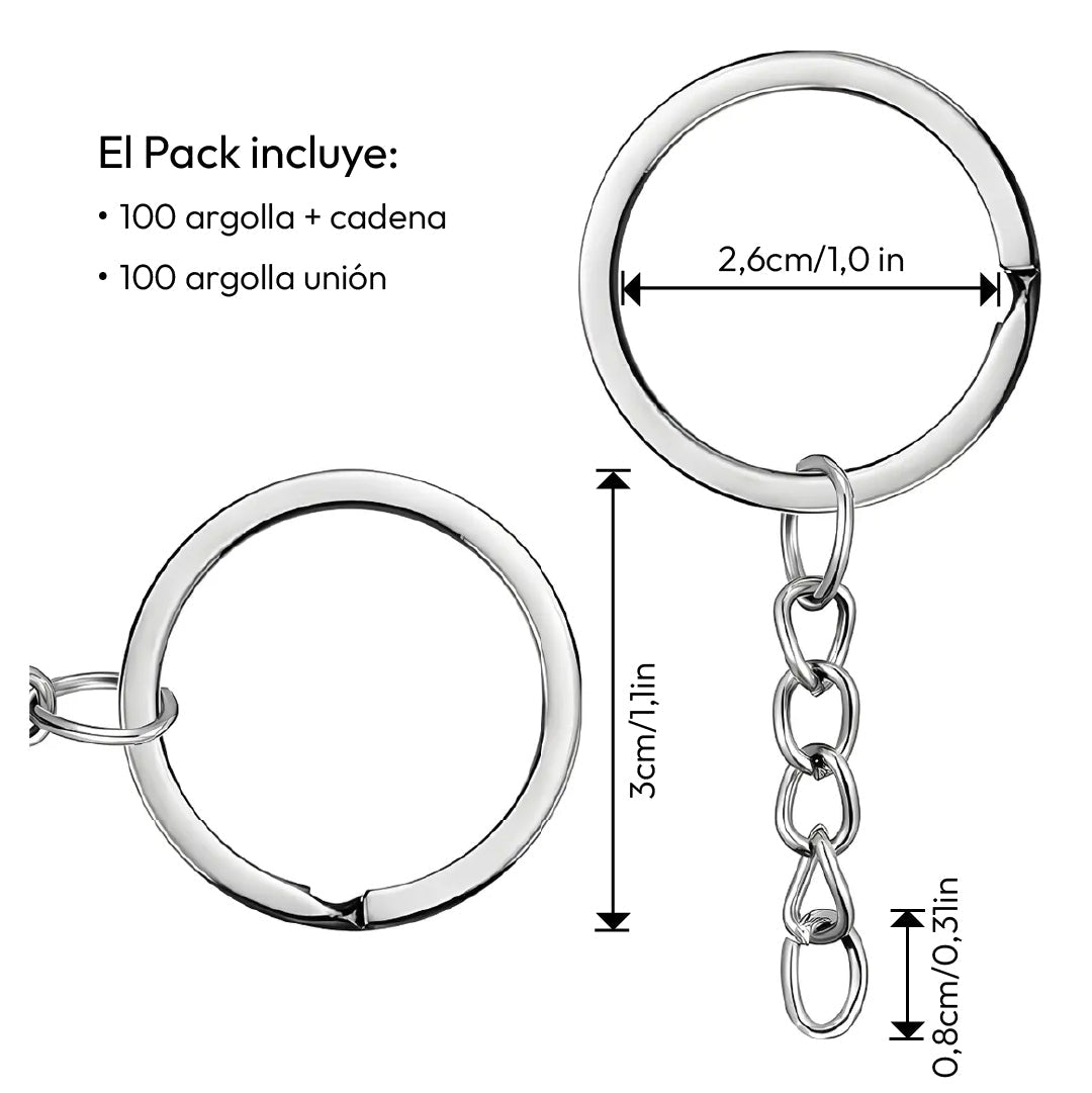 100 Argollas Para Llavero 30mm Con Cadena + Argolla Unión - Lhua Store