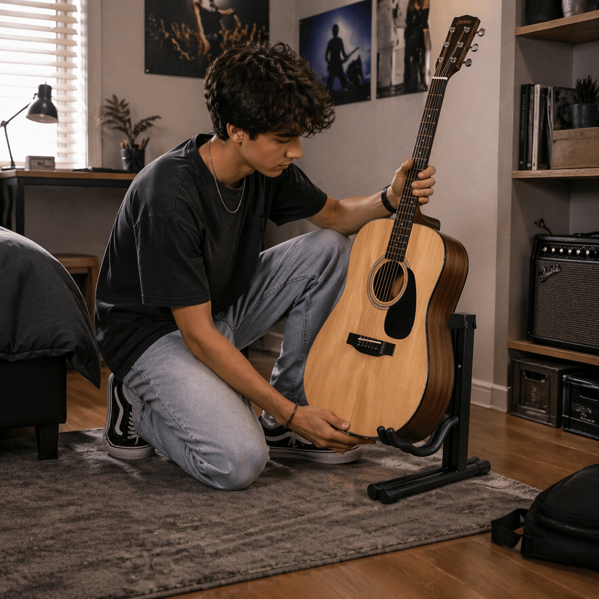 Atril De Piso Guitarra Bajo Ukelele Soporte De Pie Negro - Lhua Store