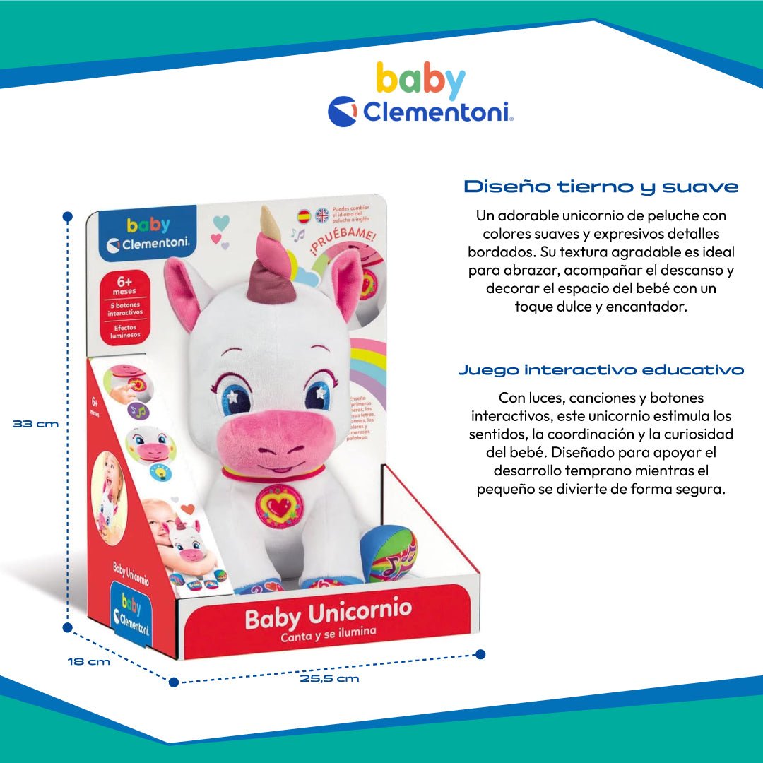 Baby Unicornio Clementoni Peluche Interactivo Luces Sonidos - Lhua Store