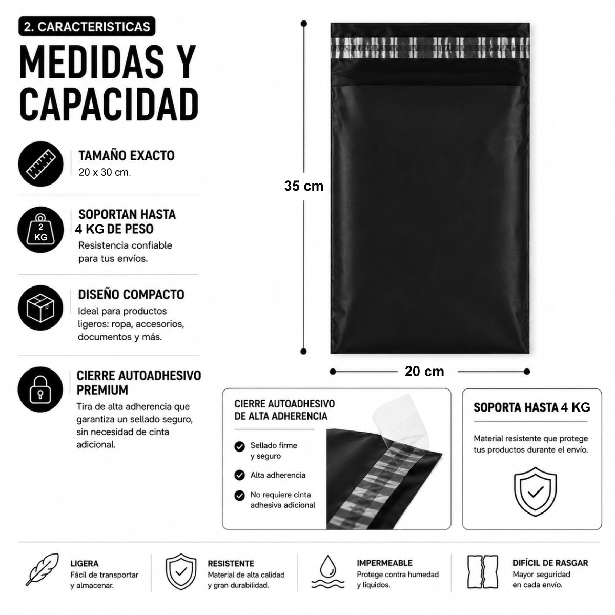 Bolsas Courier Autoadhesivo 20x35cm Pack 100 Negro Plásticas - Lhua Store