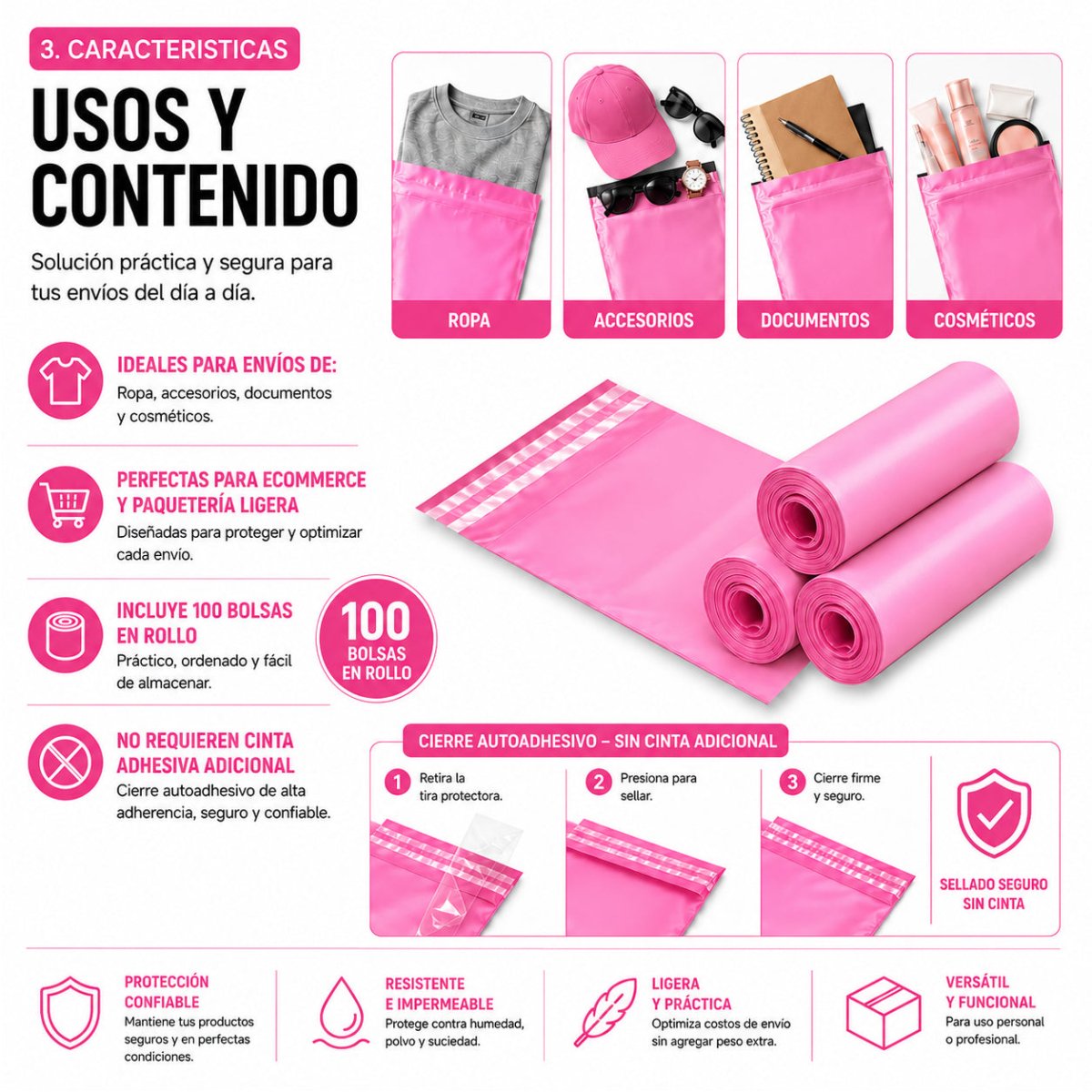 Bolsas Courier Autoadhesivo 20x35cm Pack 100 Rosa Plásticas - Lhua Store