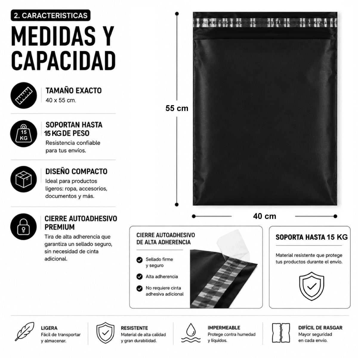 Bolsas Courier Autoadhesivo 40x55cm Pack 100 Negro Plásticas - Lhua Store