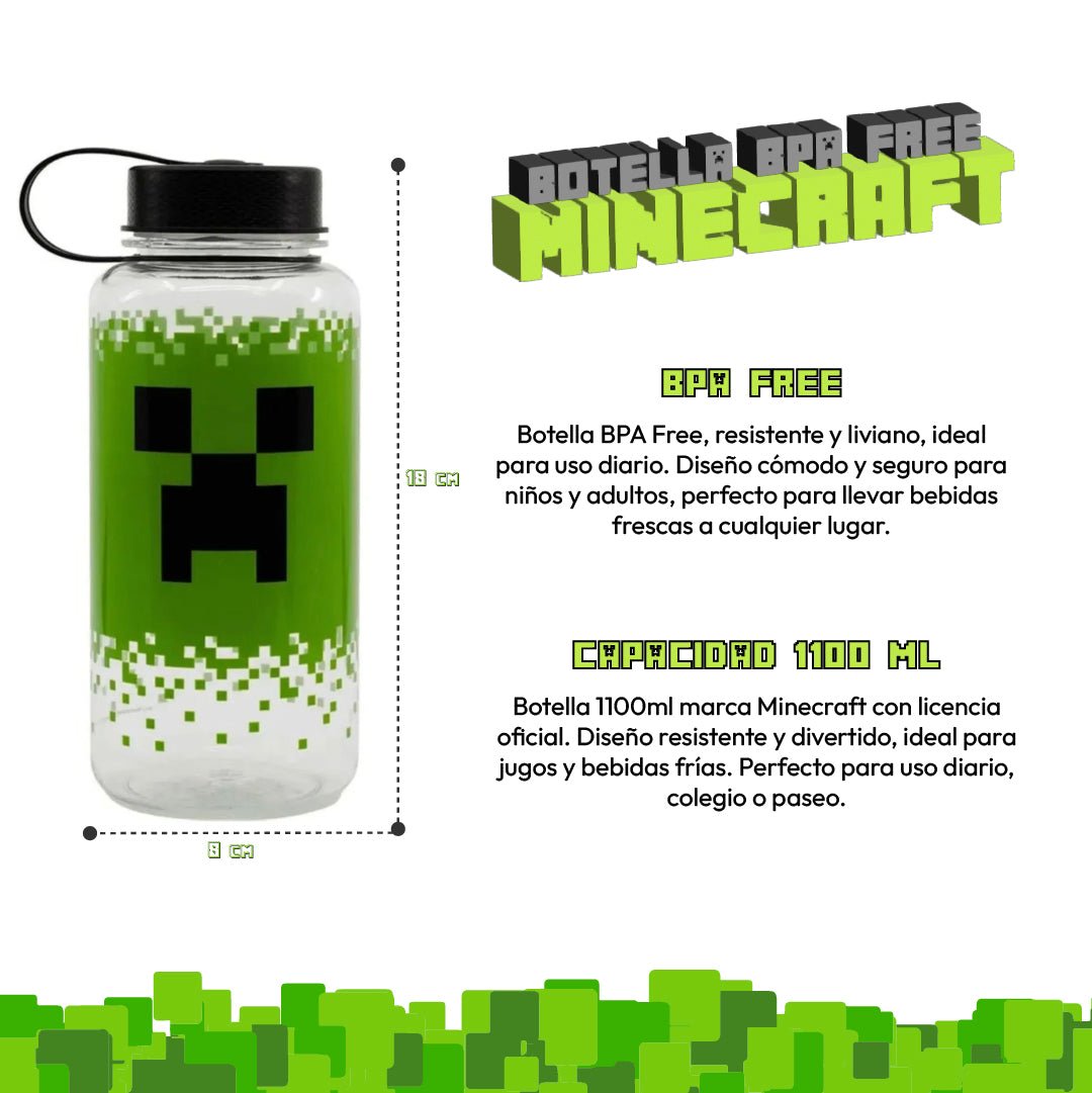 Botella Minecraft 1100ml Creeper BPA Free Plástico Niños - Lhua Store