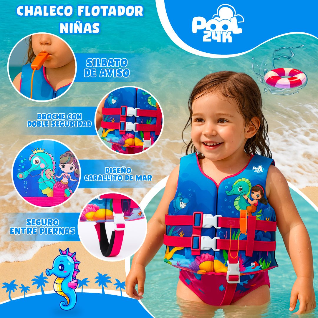 Chaleco Flotador Salvavidas Niñas Con Silbato Caballito De Mar Natación - Lhua Store