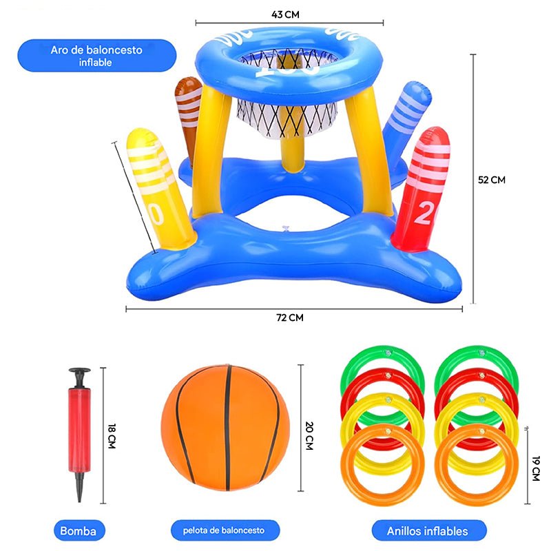 Juego Inflable 3en1 Piscina Aro Basquet + Anillos + Pelota Pool24k Verano - Lhua Store