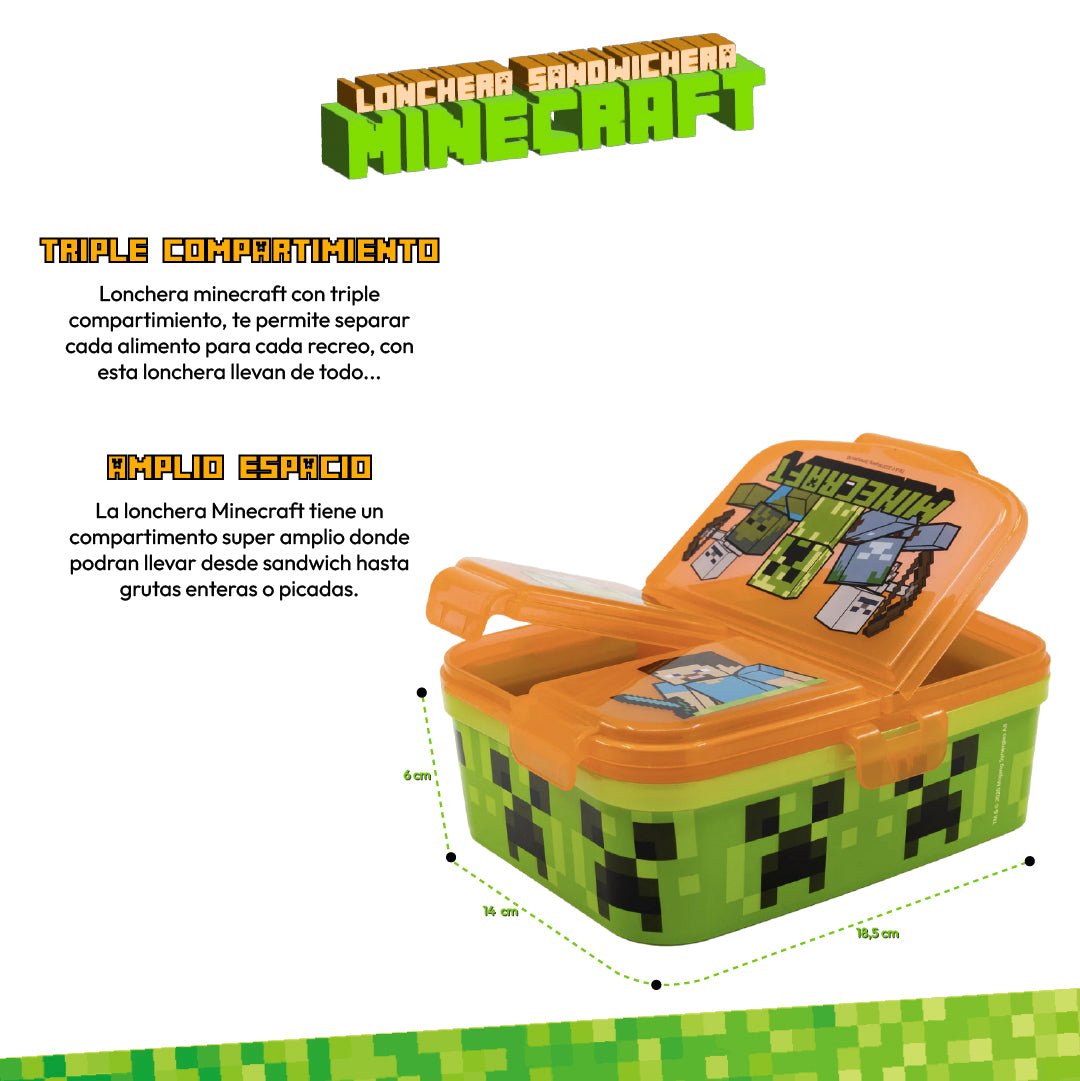 Lonchera Minecraft Triple Compartimiento Porta Sandwich Niños - Lhua Store