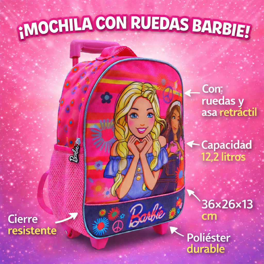 Mochila Barbie Con Ruedas Rosado Escolar Niña Original - Lhua Store
