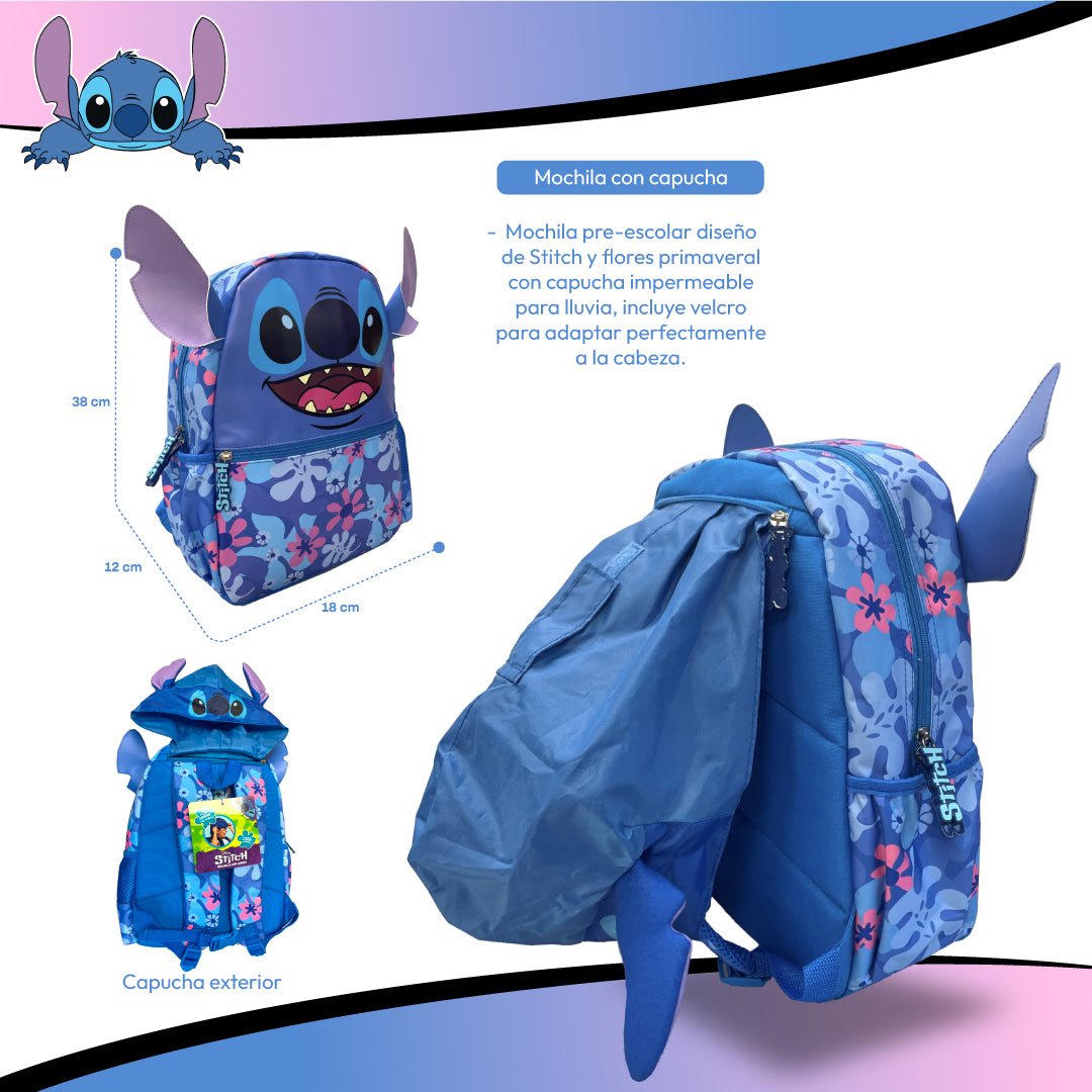 Mochila Infantil Stitch Disney 3d Con Capucha Niños - Lhua Store