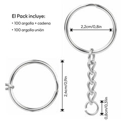 Pack 100 Argolla Para Llavero 24mm + Argolla De Unión Cadena - Lhua Store