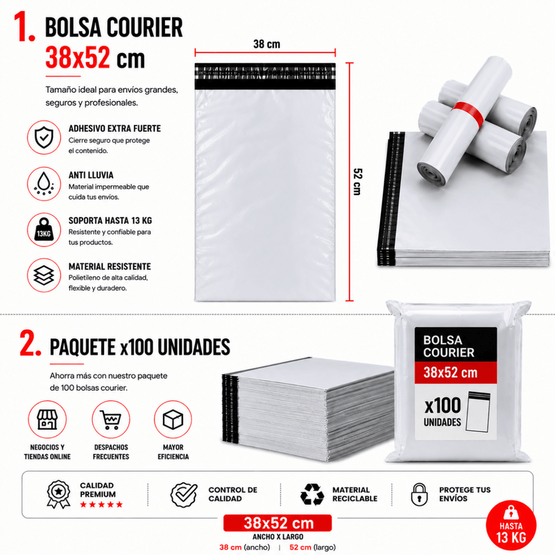Pack 100 Bolsas Courier 38x52cm Sobre Plásticas Autoadhesivo - Lhua Store