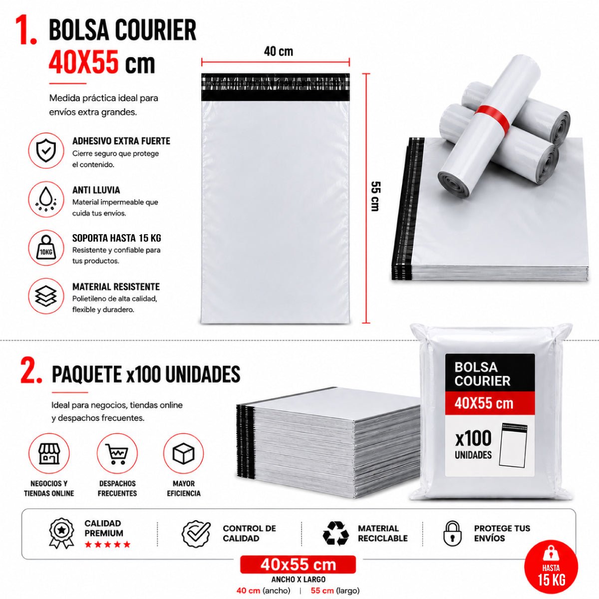 Pack 100 Bolsas Courier 40x55cm Sobre Plásticas Autoadhesivo - Lhua Store