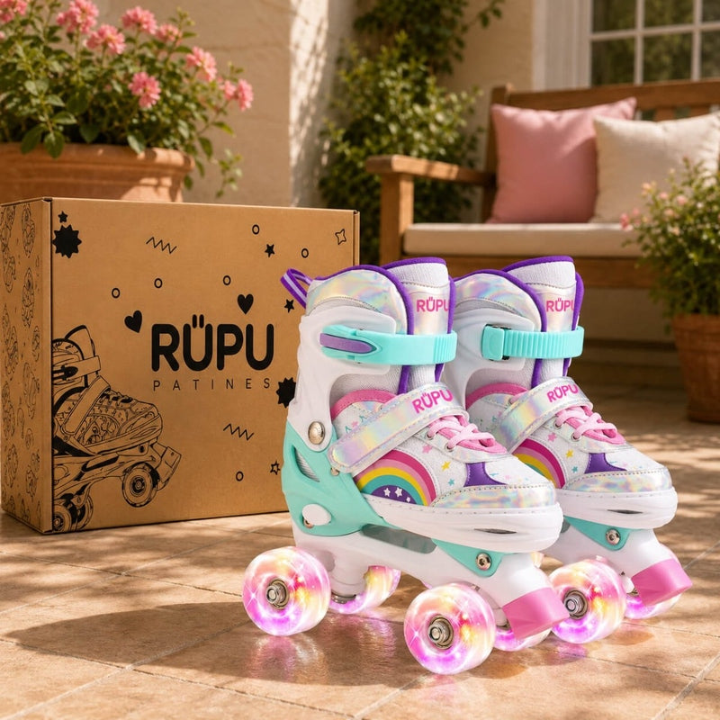 Patines 4 Ruedas Led Ajustable Niñas Arcoiris Turquesa - Lhua Store
