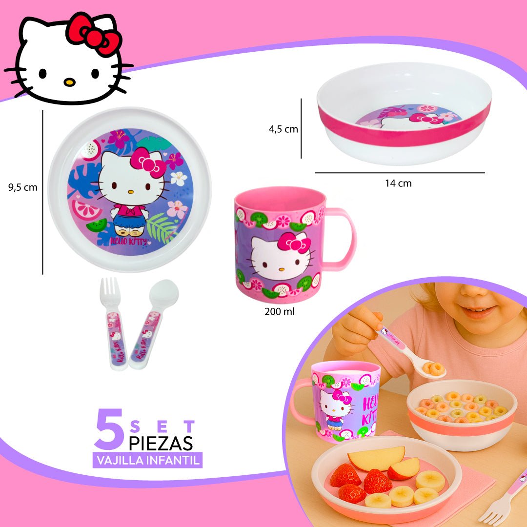 Set 5 Vajilla Infantil Hello Kitty Plato Bowl Taza Cubiertos - Lhua Store