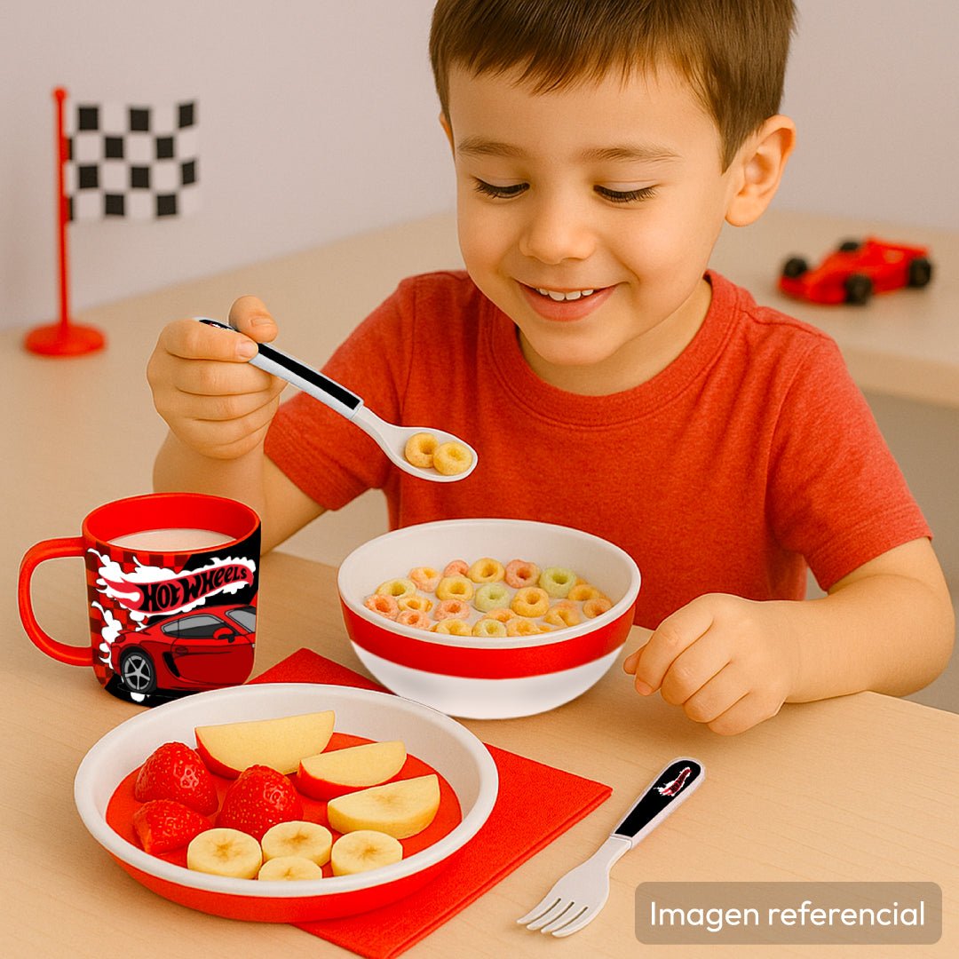 Set 5 Vajilla Infantil Hotwheels Plato Bowl Taza Cubiertos - Lhua Store