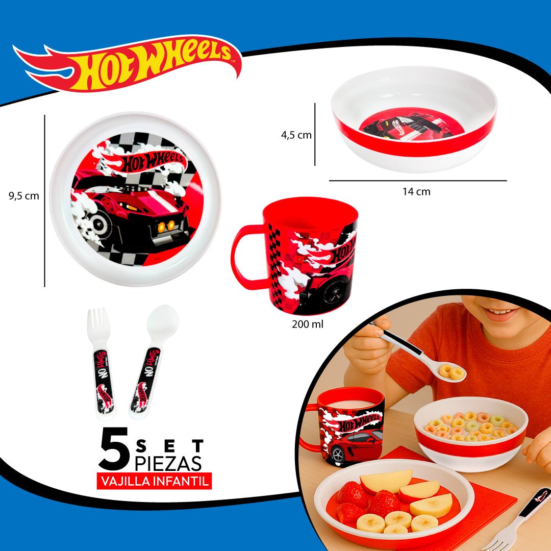 Set 5 Vajilla Infantil Hotwheels Plato Bowl Taza Cubiertos - Lhua Store
