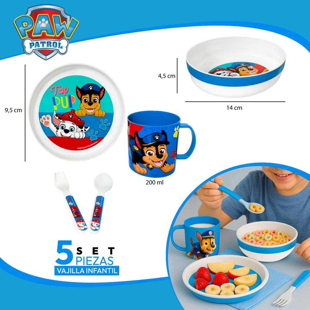 Set 5 Vajilla Niños Paw Patrol Chase Plato Bowl Taza Cubiertos - Lhua Store