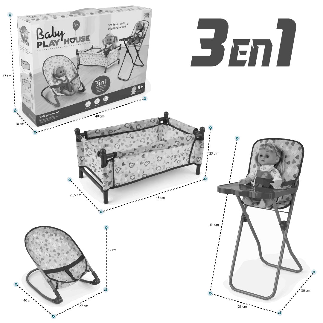 Set Juego Para Muñecas 3 En 1 Silla Cuna Y Mesedora Niñas - Lhua Store