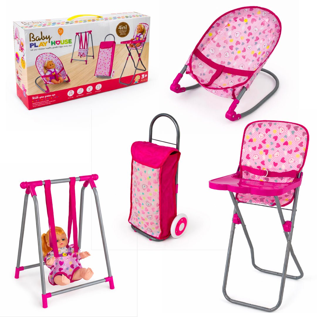Set Juego Para Muñecas 4 En 1 Silla Coche Columpio Y Mecedora - Lhua Store