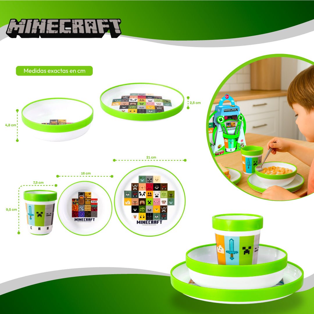Set Vajilla Infantil Minecraft 5 Pcs Plato Vaso Cubiertos Niños - Lhua Store