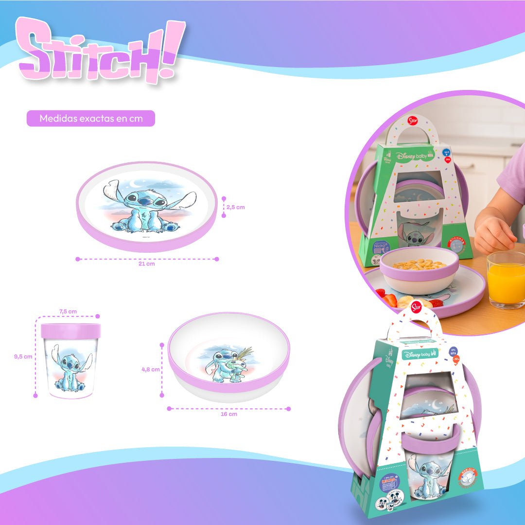 Set Vajilla Infantil Stitch Disney 3 Piezas Plato Vaso Niños - Lhua Store