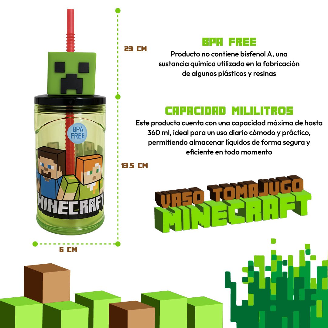 Vaso Tomatodo Minecraft 3D Infantil 360ml Con Bombilla BPA Free - Lhua Store