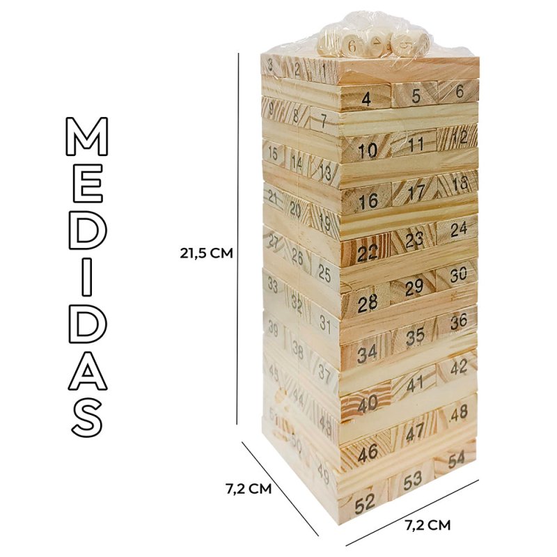 Juego Tipo Jenga Madera 54 Piezas + Dados Educativo Yenga - Lhua Store