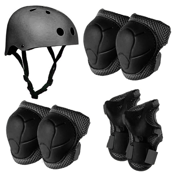 Set De Protección Niño Negro Casco Rodillera Codera Muñequera