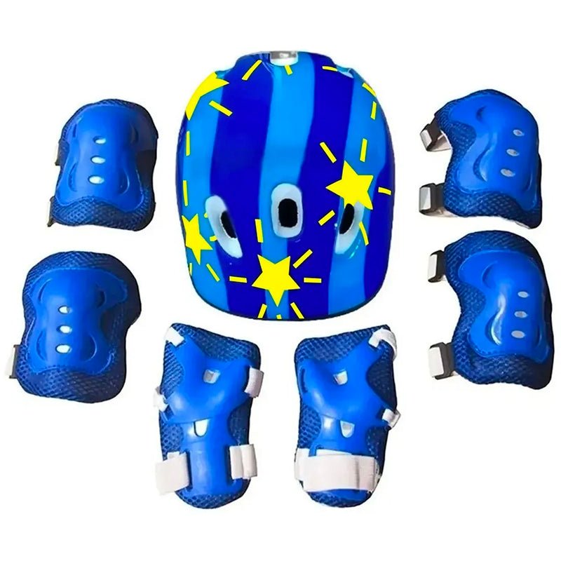 Set Protección Niños Casco Rodilla Codo Mano Azul Estrella - LhuaStore